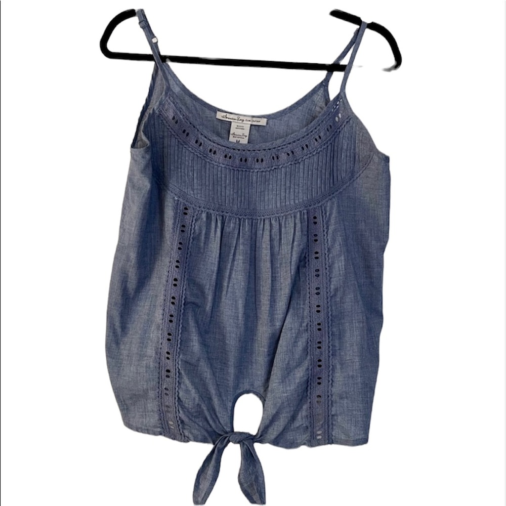 American Rag Denim Blue Tank Top with Tie Bottom and Lace Detail Size M